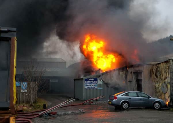 Firefighters tackling a blaze at Innerleithen's Station Yard on Wednesday, February 13.