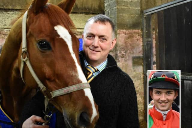 Stuart Coltherd with Captain Redbeard shortly before last weeks winning performance at Kelso Races. Inset, Sam Coltherd (pictures by John Smail)