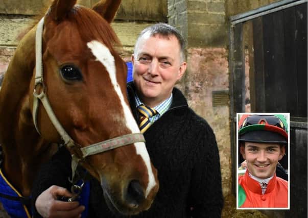 Stuart Coltherd with Captain Redbeard shortly before last weeks winning performance at Kelso Races. Inset, Sam Coltherd (pictures by John Smail)