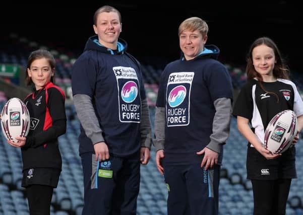 Lana Skeldon, second right, with Scotland team mate Megan Kennedy and two youth rugby players, both aged 11, Poppy Mellanby and Evie Blair (picture by Stewart Attwood)