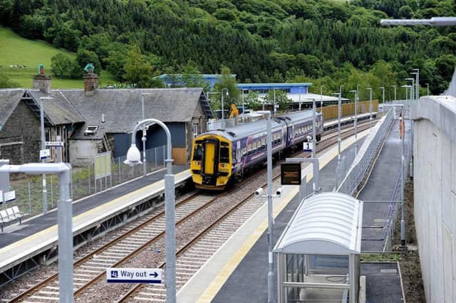 A train on the Borders Railway at Stow.