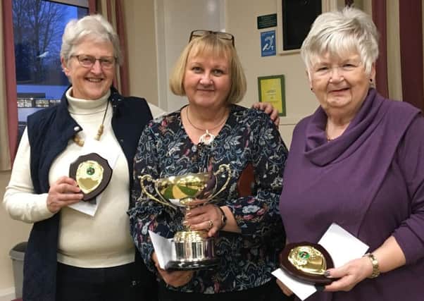Helen Moffat, Enid Cruikshank and Gweyn Williamson  winners of the Roxburghshire SWI federation carpet bowls competition held at Hawicks Evergreen Hall