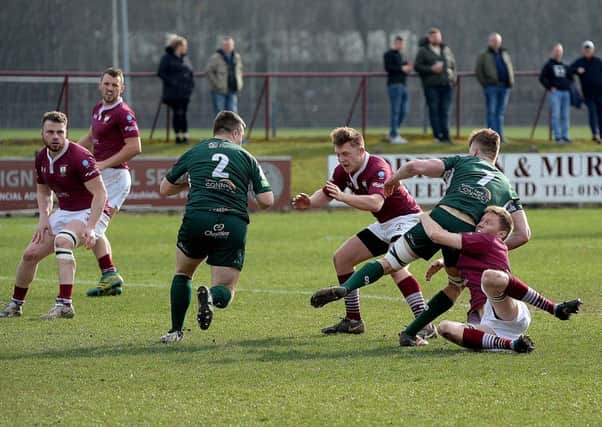 Action from Saturday's free-entry friendly at Netherdale between Gala and Hawick, which the visitors won 10-26 (picture by Alwyn Johnston).