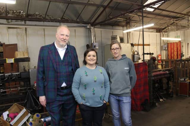 Susan Calman with Nick Fiddes and Crena Bell at D C Dalgleish mill in Selkirk.