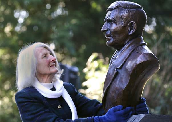 Bette McLaren unveils the statue of her husband Bill McLaren in Wilton Lodge Park, Hawick.