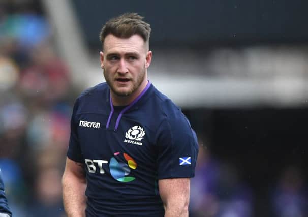 Stuart Hogg leaves the field on February 9 with an injured shoulder - which has ended his contribution to Scotland's Guiness Six Nations campaign (photo by Stu Forster/Getty Images)