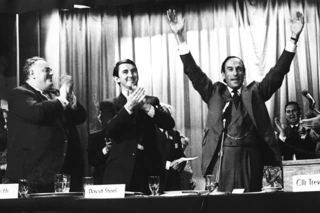 Lord Steel, centre, with Cyril Smith, left, and then party leader Jeremy Thorpe at the 1973 Liberal Party conference in Southport. (Photo by Wesley/Keystone/Getty Images)