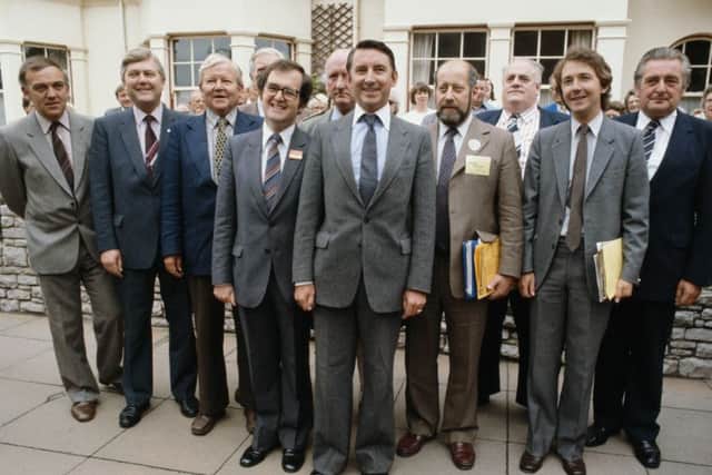 Liberal Party leader David Steel, centre, and his frontbench team, including Cyril Smith, third from right, at the SDP-Liberal alliance conference at Llandudno in 1981. (Photo by Keystone/Hulton Archive/Getty Images)
