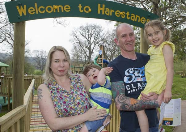 MacLeod family, Steven, Charmaine, Emrys and Annabelle from Galashiels at Harestanes playpark.
