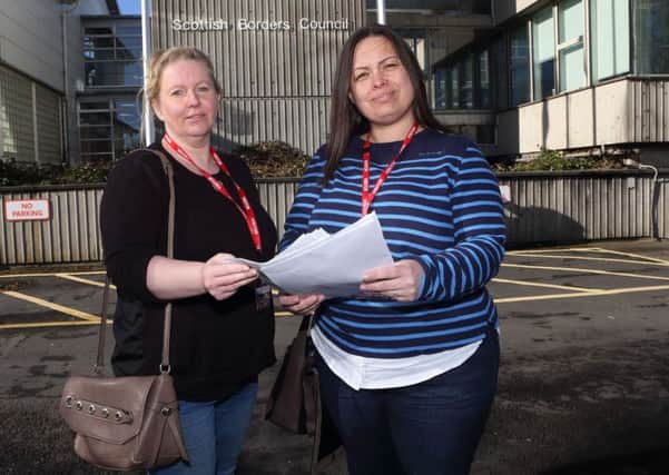 Parents Christine Irvine, right, and Judith Currie presenting their petition to Scottish Borders Council in March.