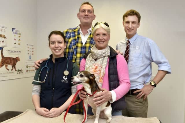 Doddie Weir and wife Kathy with Mavis and Galedin Vets vet Pete Matthews and veterinary nurse Emma Kersel.