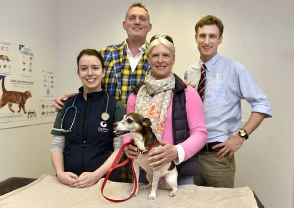 Doddie Weir and wife Kathy with Mavis and Galedin Vets vet Pete Matthews and veterinary nurse Emma Kersel.