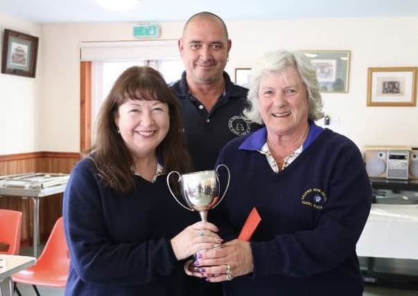 From left, Carol Davidson, Sean Fraser (Gala Bowling Club president) and Isabel Macrae, representing Lauder BC, winners of the Ladies Open Pairs at Gala BC.