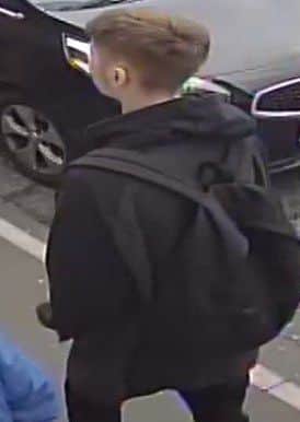 The male in the images is described as white, late teens to early twenties, around 5ft 8ins tall, of slim build with light brown hair. He was wearing a black jacket with a hood, black skinny jeans and white trainers. The man was also carrying a black rucksack.