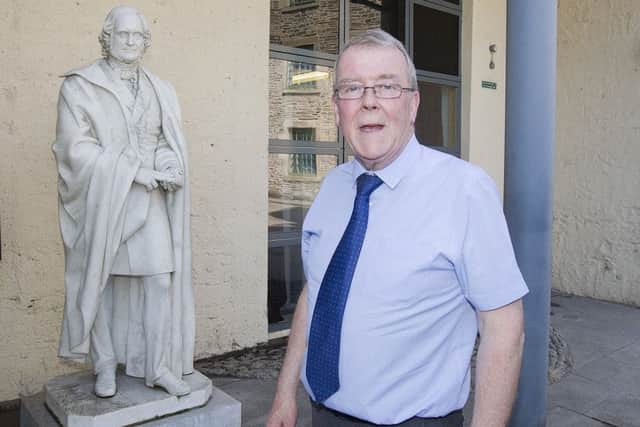 Councillor George Turnbull at the James Wilson statue at Tower Mill, Hawick.
