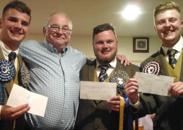 Lauder St Luke 132 presented cheques to Lauder Cornet Christopher Purves, Right-Hand Man Christopher Rogerson and Left-Hand Man Hayden Steele for their horses for the Threepwood Night rideout.
This is the 16th year that the lodge has 
sponsored the horses and have, in total, handed over £ 5,150.
 Pictured, from left   Christopher Rogerson, Gordon McHutchon (lodge treasurer), Christopher Purves and Hayden Steele.