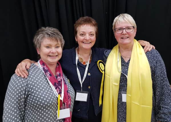 SNP candidate Heather Anderson, centre, seen enjoying the count with fellow SNP councillors Elaine Thornton Nichol and Claire Ramage.