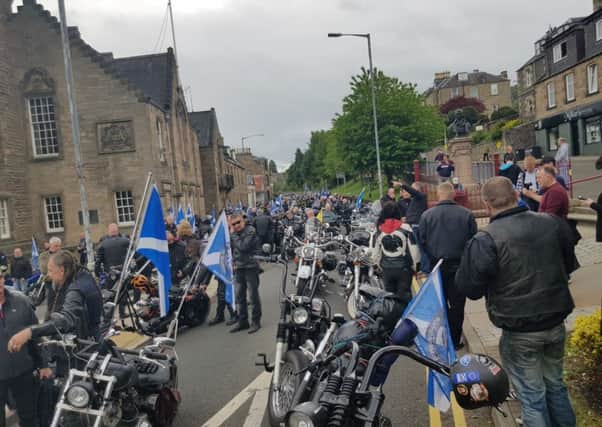 A large number of Yes Bikers made it to Galashiels to support independence marchers, although several say they suffered punctures on the way  due to screws being thrown on the road in Earlston.
