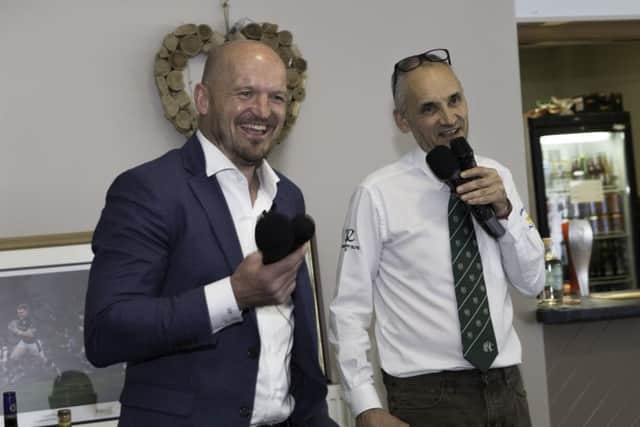 National head coach Gregor Townsend enjoys a Q&A session with Hawick club president Rory Bannerman.