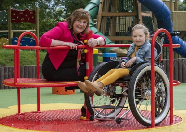 Fiona Hyslop with Maia Russell at Harestanes. Photo: Phil Wilkinson