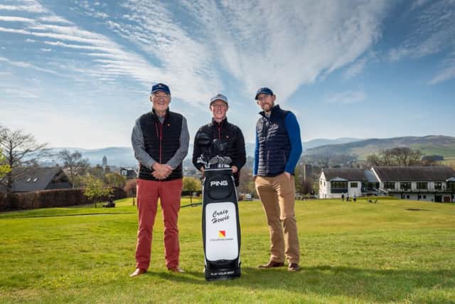 Peebles pro gofler Craig Howie gets financial backing from local company  Pictured is David Kilshaw, Craig Howie and Ross Kilshaw
