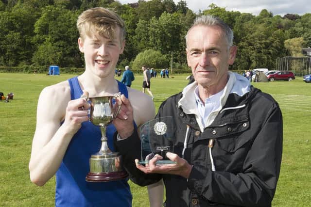Scott Tindle won the 110m Sprint final sponsored by The Waverley Bar, presented by Ian Hope (picture: Bill McBurnie)
