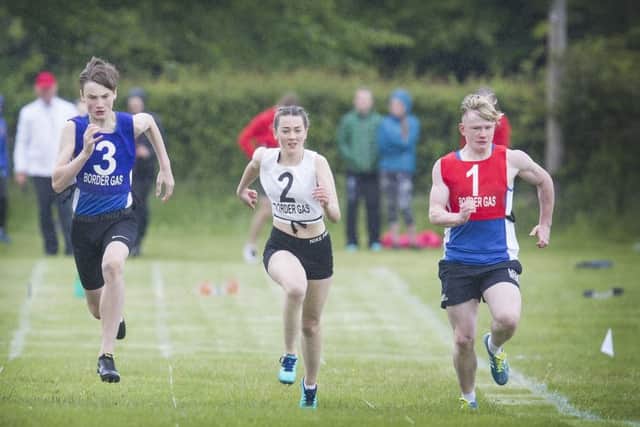 3 Kai Lennie 2 Shellee Fojick 1 Callum Shiel in the second heat of the 13-16year 90m Handicap (picture: Bill McBurnie)