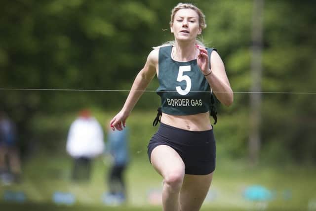 Earlston's Mhairi Henderson won heat 2 of the 110m sprint Handicap Hawick Games (picture: Bill McBurnie)