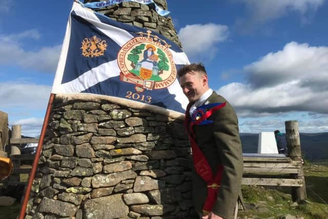 Royal Burgh Standard Bearer Craig Monks at the Three Brethren this morning. Photograph: Grant Kinghorn.
