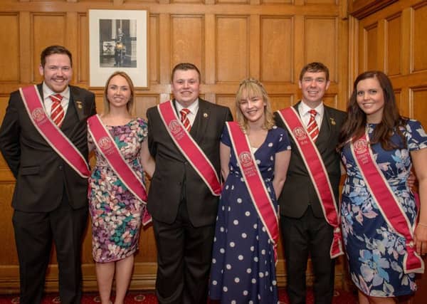 Cornet Andrew Napier and his lass Natalie Stewart with 2018 principals Gregor McGrath and Loryn Paterson and 2017 principals Ross and Eilidh Falla.