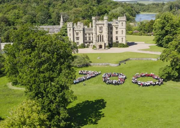 Herding them in...Berwickshire High and Duns Primary School pupils form 700 in front of Duns Castle. (Pic: Sky Vantage Productions)