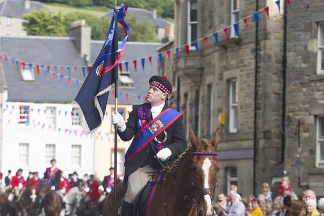 Jethart Callant Euan Munro gives the battle cry Jethart's Here on Friday morning.