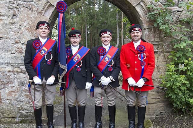 Callant Euan Munro with his right and left-hand men Nick Arnold and Brodie Irvine and Herald Rob Reid at Ferniehirst.