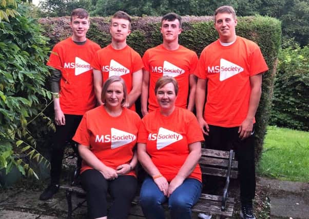 Christine Reilly, of Newlands, near Denholm, and her family are doing a skydive in Fife in aid of the MS Society. jumping with her are her twin 18-year-old sons Lewis and Craig Reilly, nephew Matthew MacKenzie, cousin Lyndsey Gibson and her daughter Clares partner, Jordan Reid.