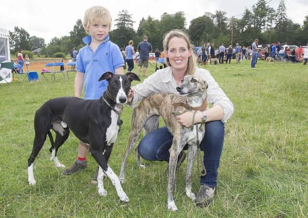 Edwina Stacy-Marks had the Champion Lurcher of the show, Jay on the left, pictured with his mum Teal and Edwina's son Rowan.