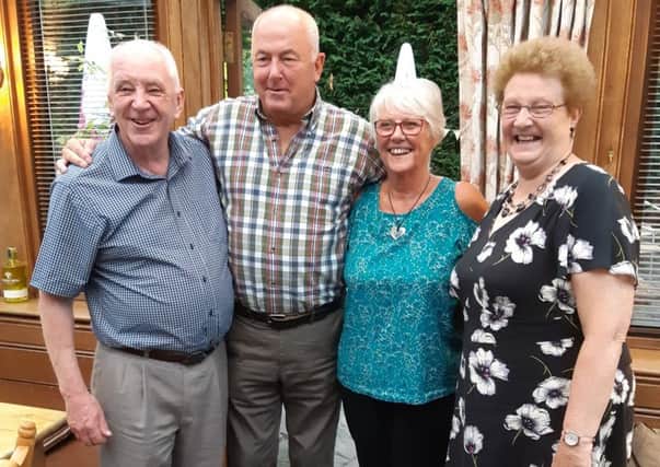 Best man John Oliver, left, surprised Doug and Senga Howlett at their golden wedding celebrations. John, who lives in Australia, had conspired with bridesmaid Pat Rutherford, right, to surprise the couple.