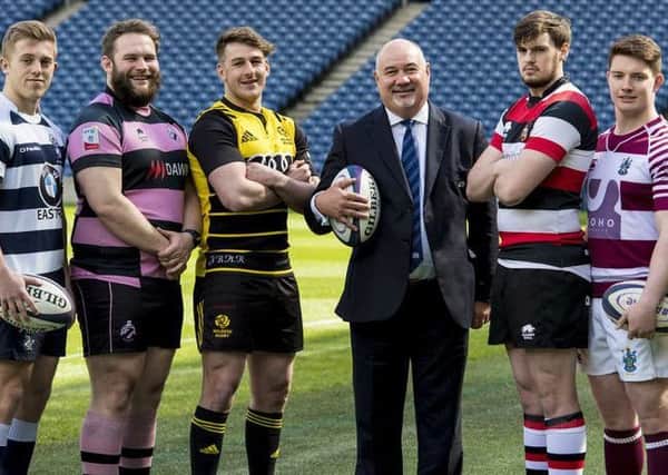 From left, Nick Sutherland (Heriots), Steven Longwell (Ayr), Craig Jackson (Melrose), SRU chief executive Mark Dodson, Ross Bundy (Stirling County), Ross Graham (Watsonians); missing is Chris Laidlaw (Boroughmuir) Picture by SNS Group/SRU Alan Harvey