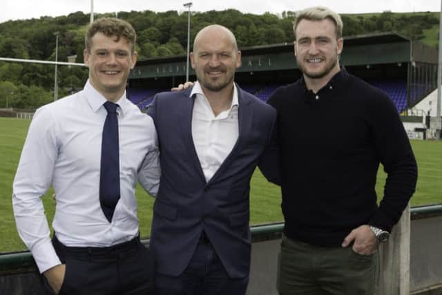 Darcy Graham, left, and Stuart Hogg, right, with head coach Gregor Townsend at Mansfield Park in Hawick (library image by Brian Sutherland).