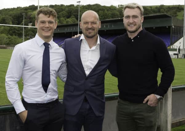 Darcy Graham, left, and Stuart Hogg, right, with head coach Gregor Townsend at Mansfield Park in Hawick (library image by Brian Sutherland).