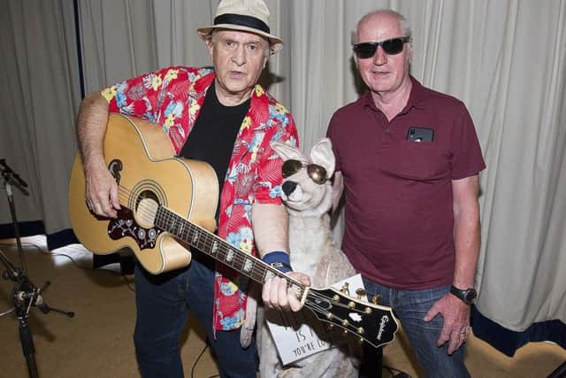 Main attraction George Ingles with organiser Len Wyse and Skippy the Jedburgh Kangaroo.