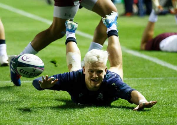 Darcy Graham in try-scoring form for Scotland in the most recent Summer Test against Georgia at BT Murrayfield (Photo by Robert Perry/Getty Images)
