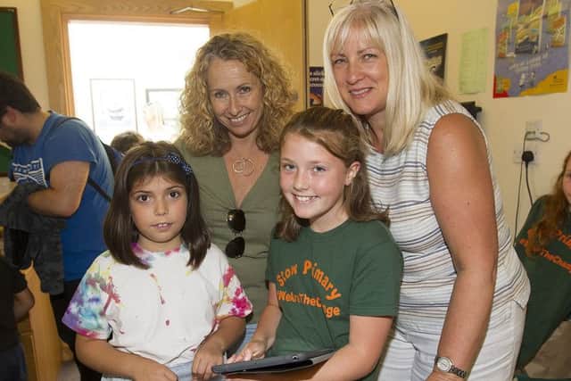Stow Primary's Lola Jiminez and Maggie Hodgson with headteacher Debbie Matthewson and P5/6 teacher Ruth Leckie.