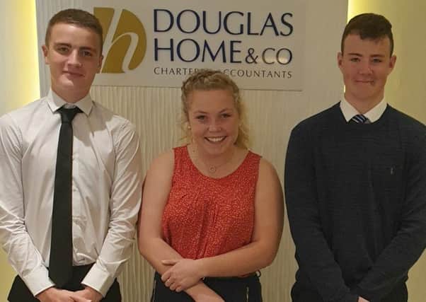 Borders chartered accountants Douglas Home & Co have taken on three new trainees following the success of last years programme.
The new recruits  pictured, from left, Jake Kerr, Jessica Howlett and Rhys Lawrence  will spend time working in various departments over the next 12 months, all to give them a flavour of working in the industry while gaining experience.