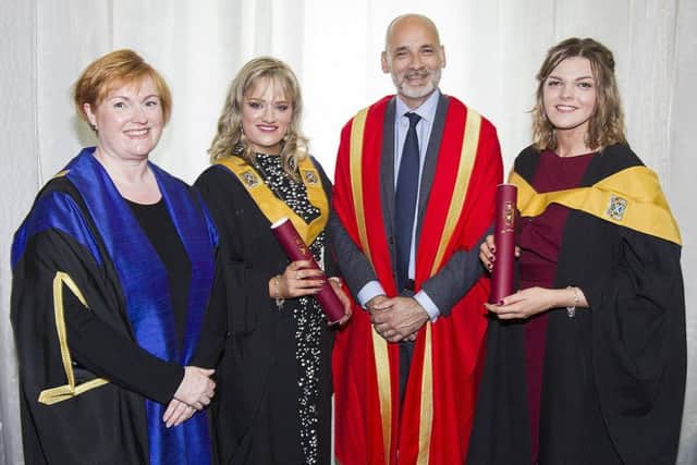 College principal Mrs Angela Cox, Denise Smart and Suzanne Gillan graduating HNC in hairdressing, with honorary fellow Nick Bannerman.