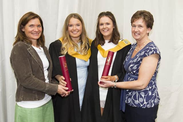 Dawn and Emily Edgar from Morebattle graduating HNC childhood practice, with Gemma and Jackie Crombie from Ednam.