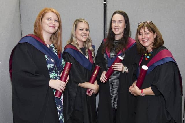 West Linton graduates, Keli Walker, Nicola Stanton, Rebecca Greenlaw with Nicky Dudgeon, SVQ 3 in children and young people.