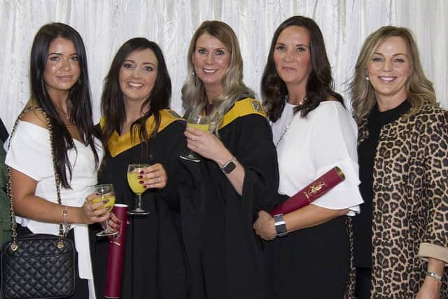 Ashleigh Tate, Stacy Lumsden, Tracy McCallan, Sam Douglas and Sharon George at the Borders College graduation.