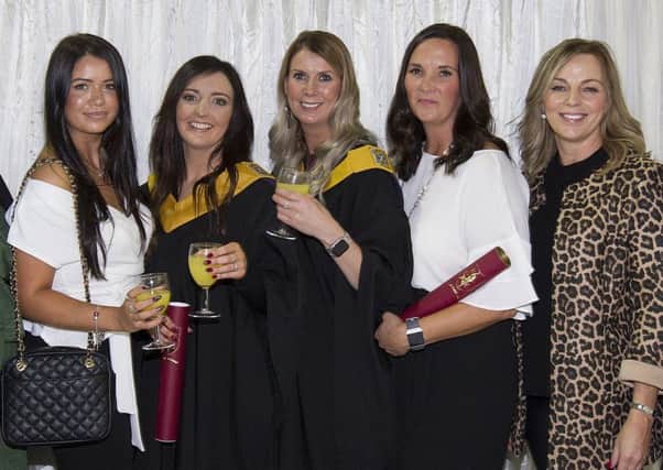 Ashleigh Tate, Stacy Lumsden, Tracy McCallan, Sam Douglas and Sharon George at the Borders College graduation.