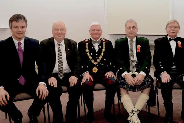 Alex Merry, centre, at a Galshiels Burns Club supper in 2013 with, from left, Michael Moore, Billy Young, Keith Cowanand Russell Robertson.