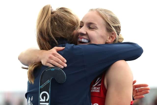 Jubilation in London for Sarah Robertson, right, as the GB hockey ladies confirm qualification on Sunday for the 2020 Olympic Games in Tokyo (picture by Alex Pantling/Getty Images).